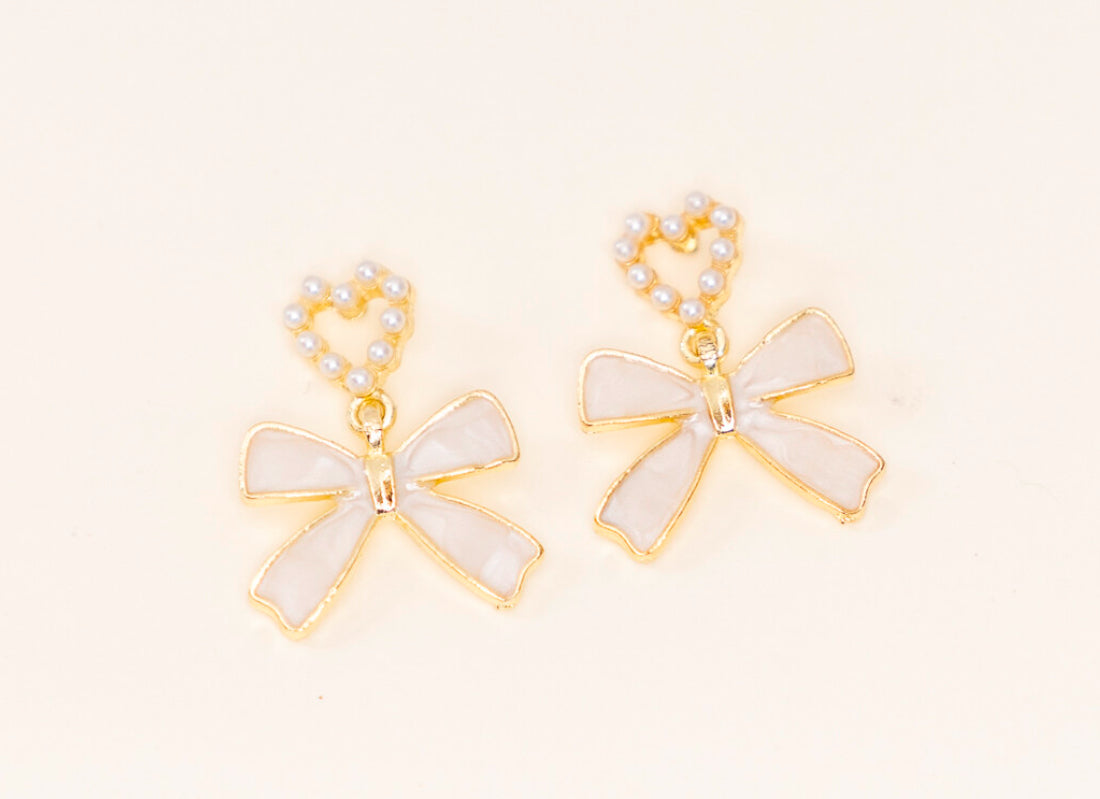 Gold Pearl Heart & Bow Earrings