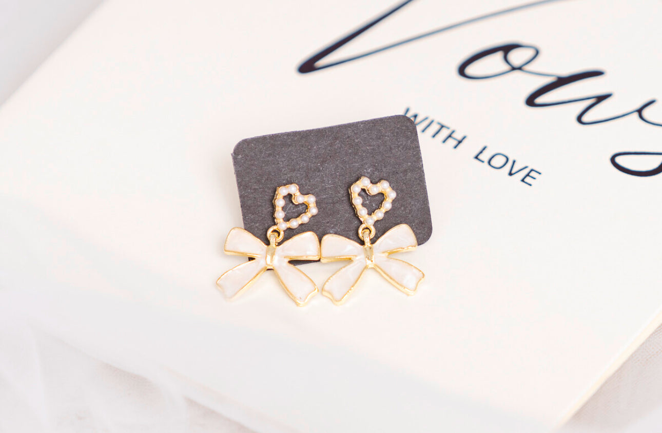 Gold Pearl Heart & Bow Earrings