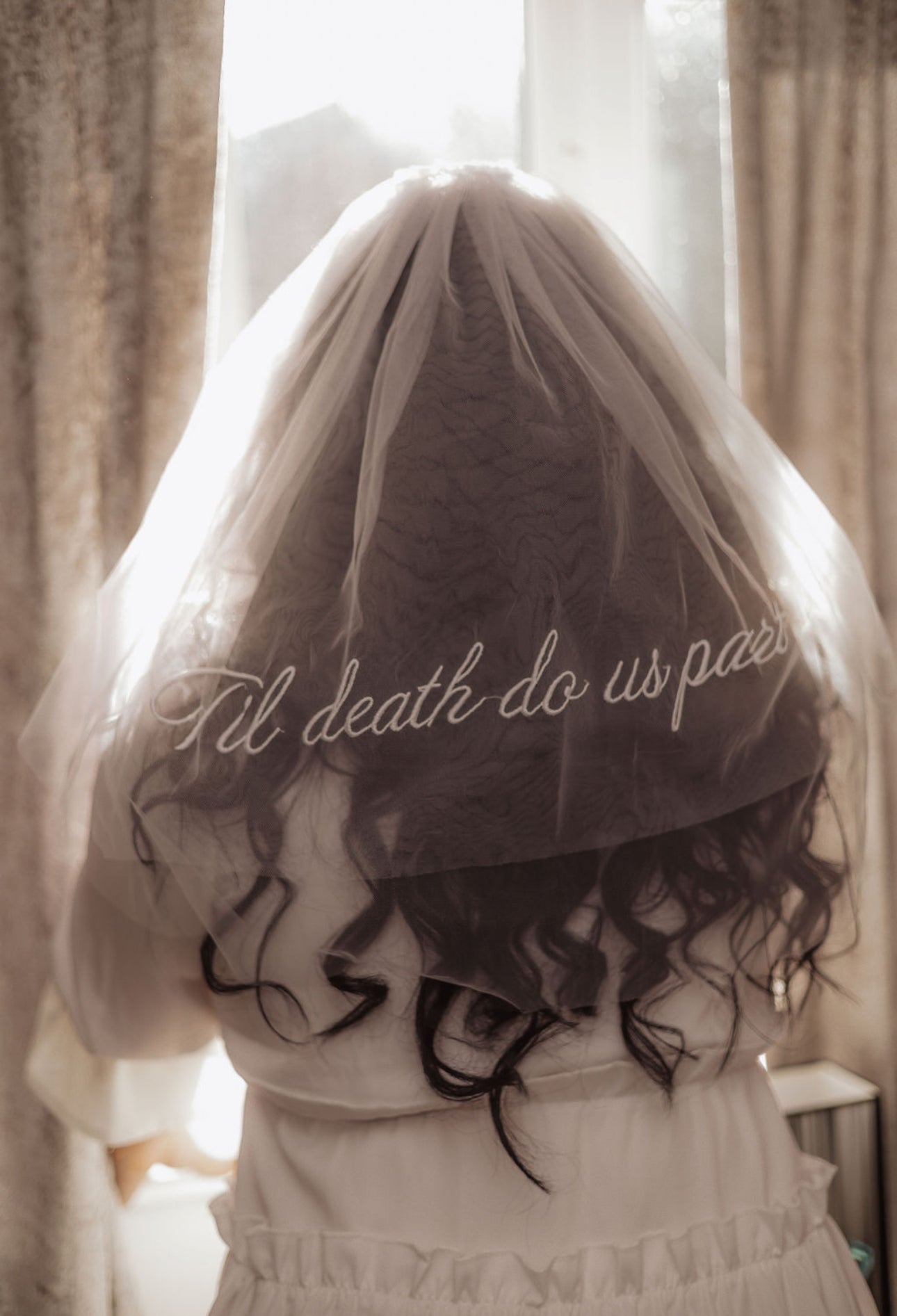 ‘Til death do us part’ Embroidered Veil - White