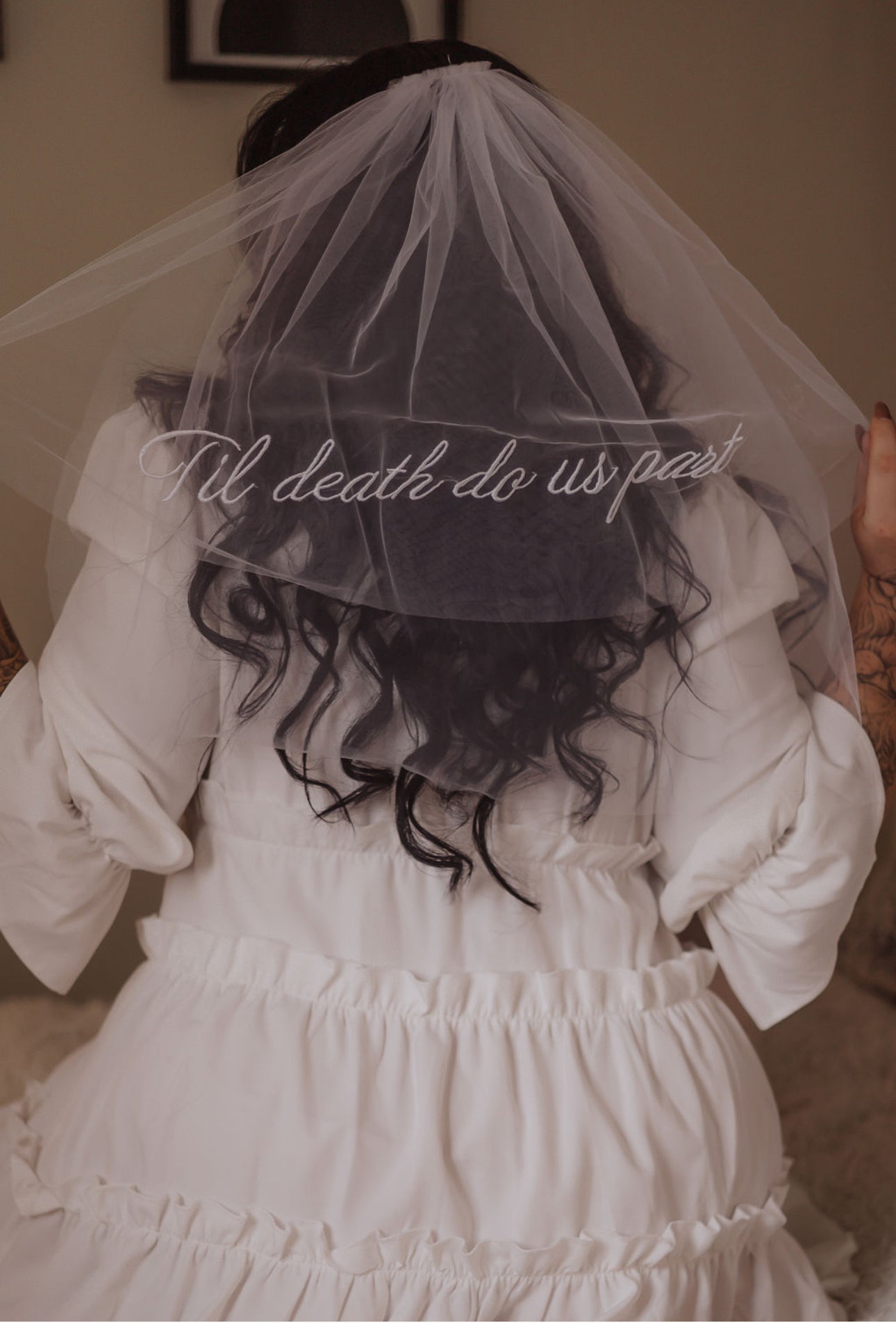 ‘Til death do us part’ Embroidered Veil - White