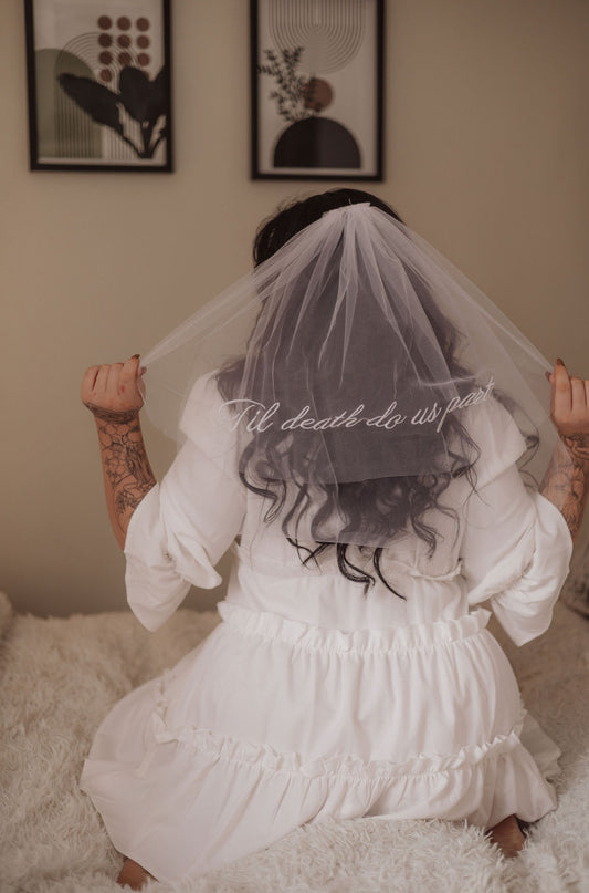 ‘Til death do us part’ Embroidered Veil - White